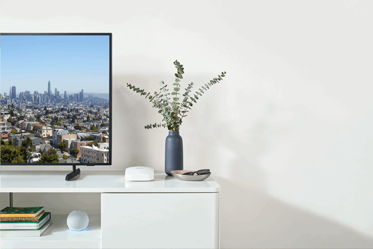 image of a tv and a plant on a tv stand